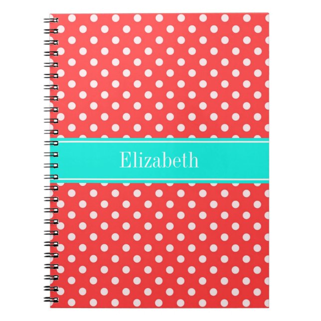Cuaderno Monograma de puntos de polka coral y blanco Brt Aq (Frente)