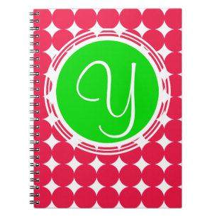 Cuaderno Monograma de puntos de polka verde y rojo