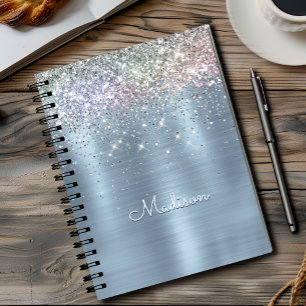 Cuaderno Monograma de purpurina azul celestial cutáneo