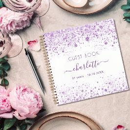 Cuaderno Monograma de purpurina blanco violeta de cumpleaño