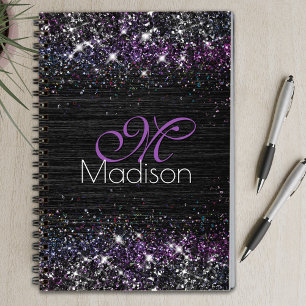 Cuaderno Monograma de purpurina de imitación negro morado