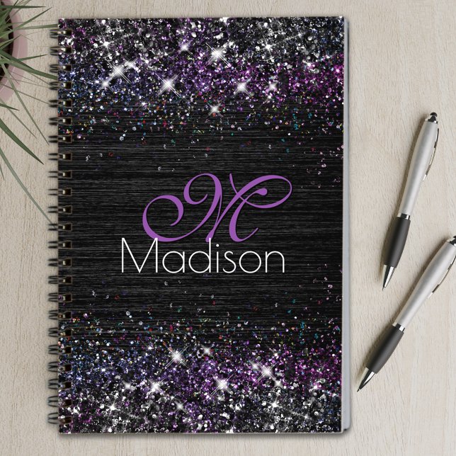 Cuaderno Monograma de purpurina de imitación negro morado (Subido por el creador)