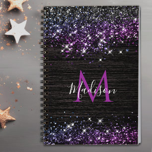 Cuaderno Monograma de purpurina de imitación negro morado