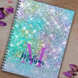Cuaderno Monograma de purpurina falsa de unicornio turquesa