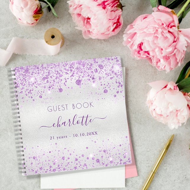 Cuaderno Monograma de purpurina morado de plata de cumpleañ (Subido por el creador)
