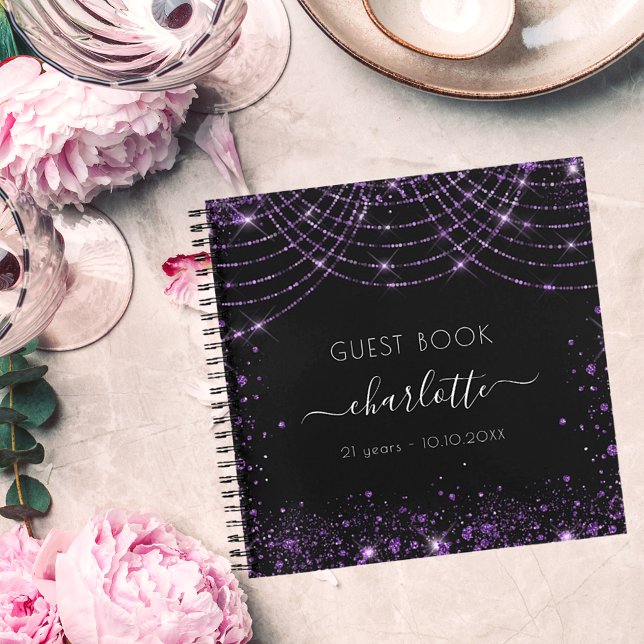Cuaderno Monograma de purpurina morado negro de cumpleaños  (Subido por el creador)