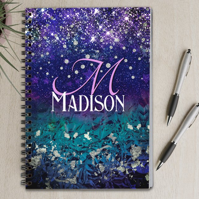 Cuaderno Monograma de purpurina oscuro morado y turquesa (Subido por el creador)