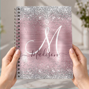 Cuaderno Monograma de purpurina plateada falsa rosa linda