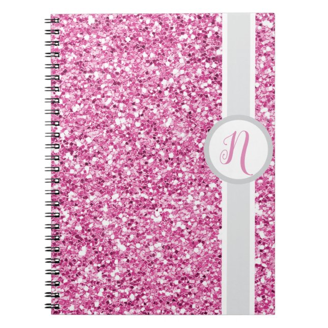 Cuaderno Monograma de purpurina rosa (Frente)