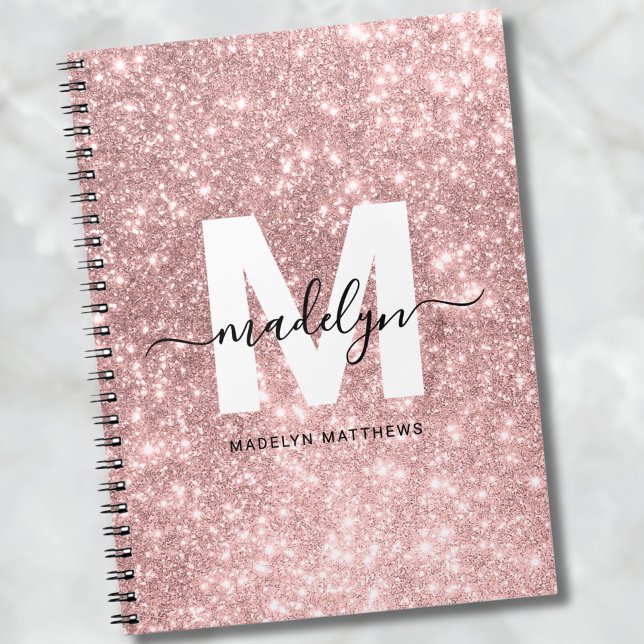 Cuaderno Monograma de Purpurina rosa de Rubor Girly Rosa Go (Girly Rose Gold Blush Pink Glitter Name Monogram notebook)