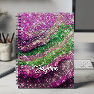 Cuaderno Monograma de Purpurina verde rosa ondulante ondula