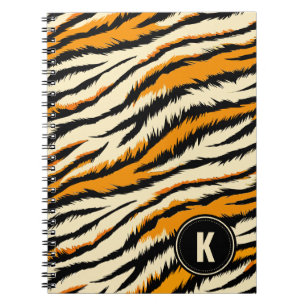 Cuaderno Monograma de rayas de tigre negras y naranjas