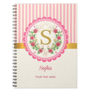 Cuaderno Monograma de rayas florales rosadas elegantes con