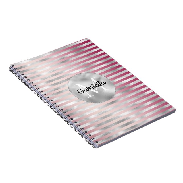 Cuaderno Monograma de rayas Rubor plateadas rosadas (Lado Derecho)