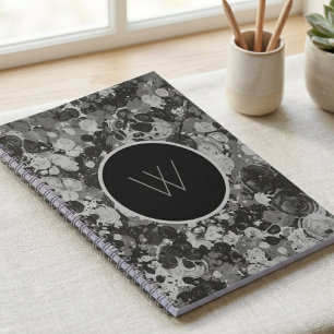 Cuaderno Monograma de remolino de mármol blanco y negro mod