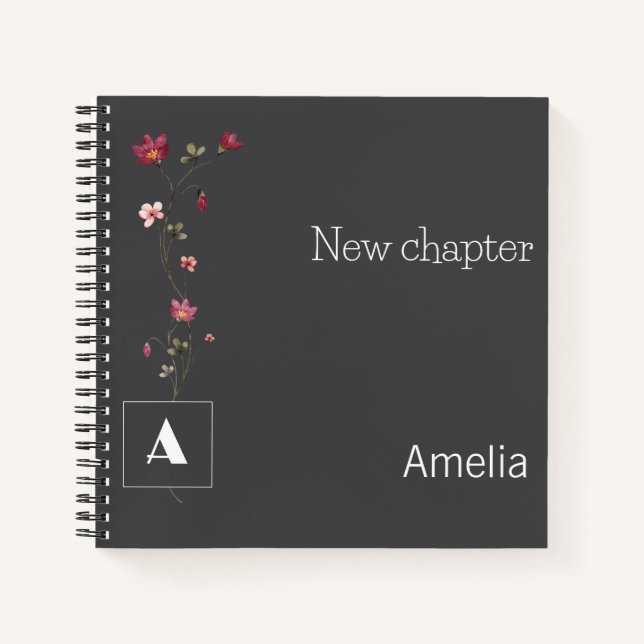 Cuaderno Monograma de retiro acuarela floral nombre gris (Anverso)
