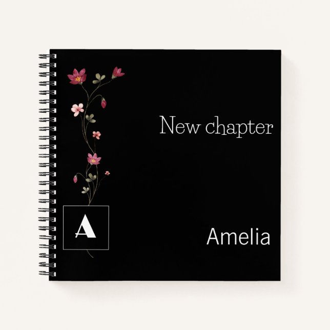 Cuaderno Monograma de retiro acuarela floral nombre negro (Anverso)