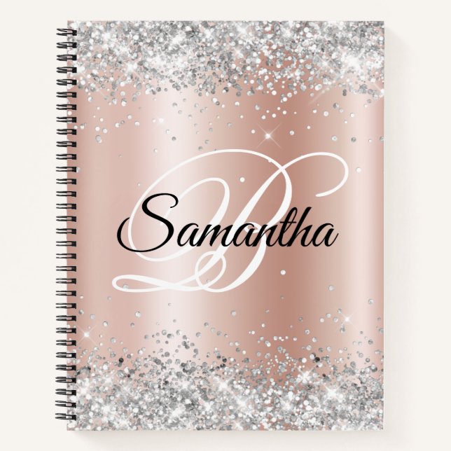 Cuaderno Monograma de Rosa pálido Purpurina plateado brilla (Anverso)