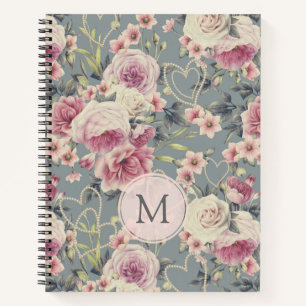 Cuaderno Monograma de Rosas Rosadas y Corazones de Perla