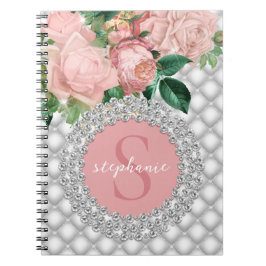 Cuaderno Monograma de rosas rosas rosas rosadas de diamante