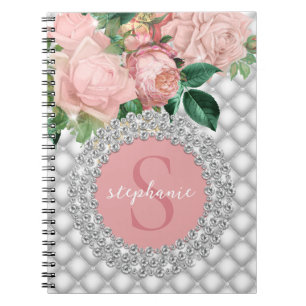 Cuaderno Monograma de rosas rosas rosas rosadas de diamante