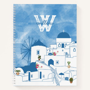 Cuaderno Monograma de Santorini Grecia azul y blanco