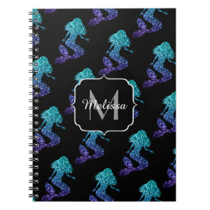 Cuaderno Monograma de sirena azul acuático con patrón de br