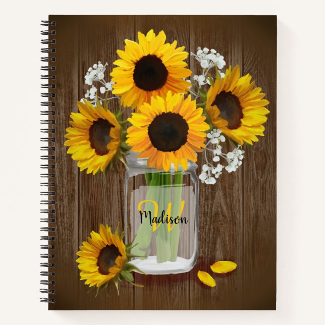 Cuaderno Monograma de Sunflower Rustic Mason Jar (Anverso)