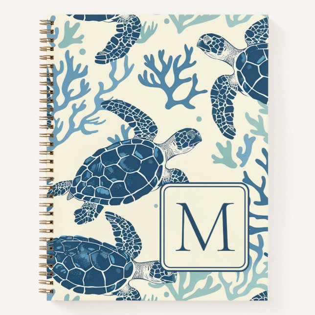 Cuaderno Monograma de tortugas azules y de crema (Anverso)