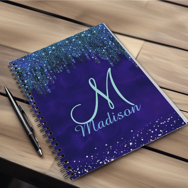 Cuaderno Monograma de unicornio azul turquesa con gotas de  (Subido por el creador)