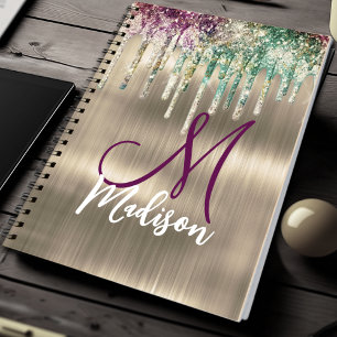 Cuaderno Monograma de unicornio dorado lindo con gotas bril