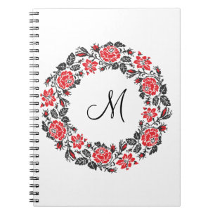 Cuaderno Monograma del círculo de las rosas rojas cruzadas 