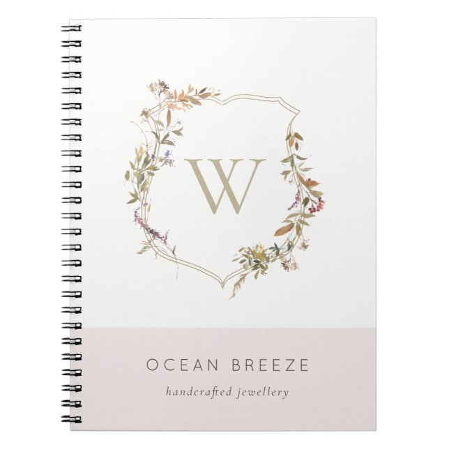 Cuaderno Monograma del Escudo Dusky Rubor Pink Wildflower (Frente)
