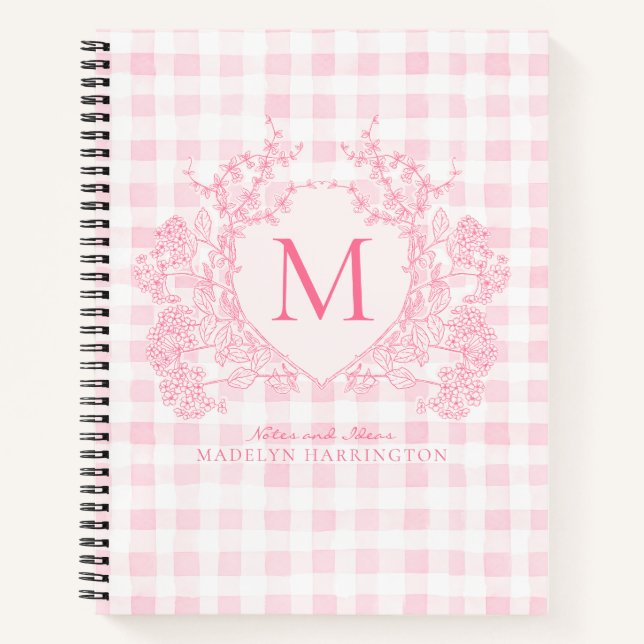 Cuaderno Monograma del Escudo floral Rubor Pink Gingham (Anverso)