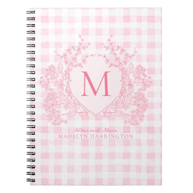 Cuaderno Monograma del Escudo floral Rubor Pink Gingham (Frente)