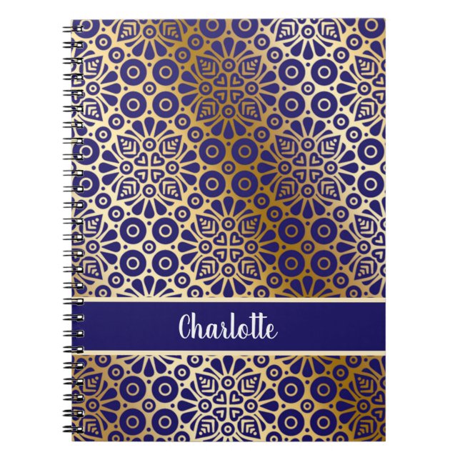 Cuaderno Monograma del guión del patrón oriental de oro azu (Frente)