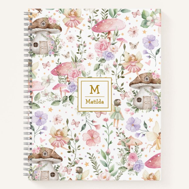 Cuaderno Monograma del Jardín Forestal Floral Púrpura Rosa (Anverso)