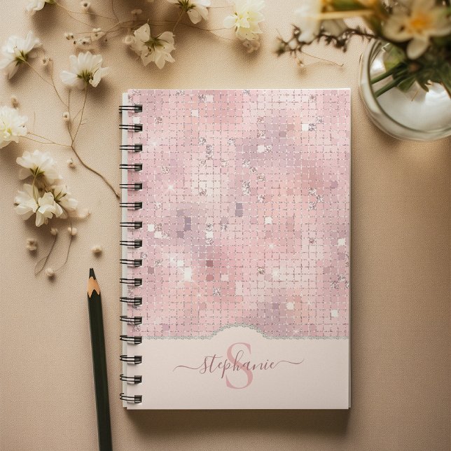Cuaderno Monograma del mosaico de la bola de disco rosado d (Blush Pink Disco Ball Mosaic Monogram Notebook)