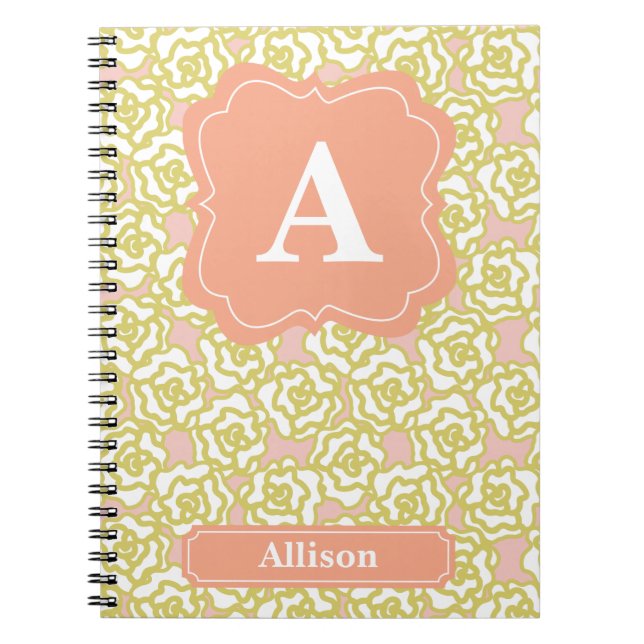 Cuaderno Monograma del naranja de los rosas amarillos (Frente)