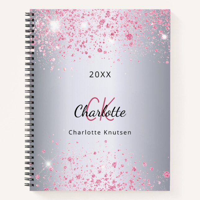 Cuaderno Monograma del nombre del purpurina rosado plateado (Anverso)