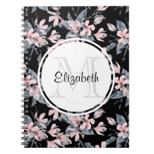 Cuaderno Monograma del patrón acuático floral rosa y gris