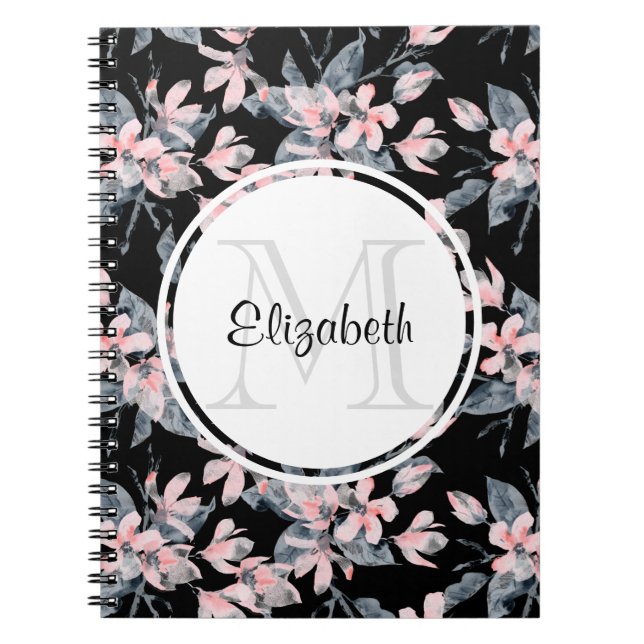 Cuaderno Monograma del patrón acuático floral rosa y gris (Frente)