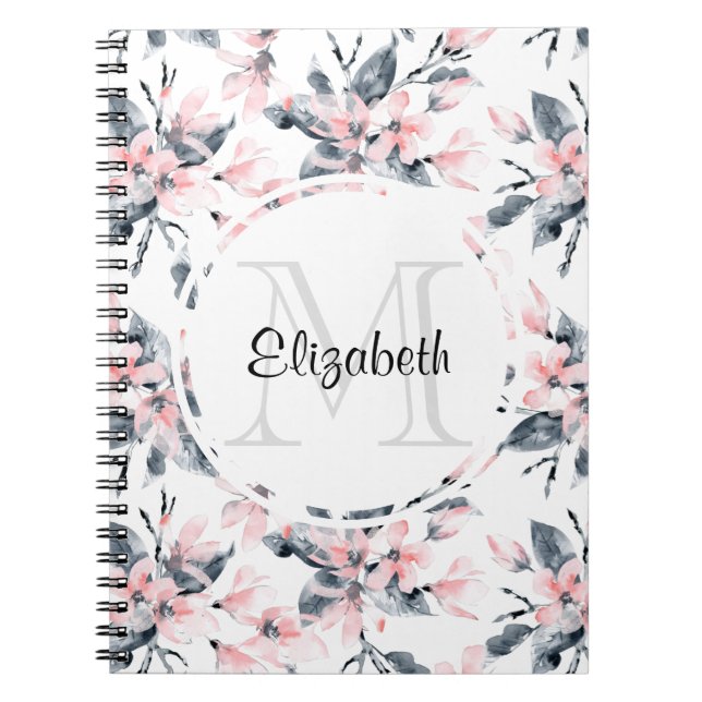 Cuaderno Monograma del patrón acuático floral rosa y gris (Frente)
