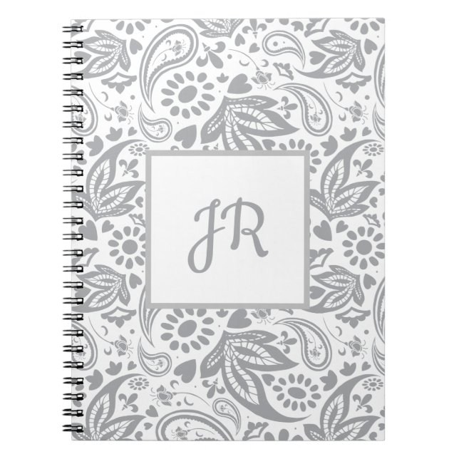 Cuaderno Monograma del patrón blanco gris de moda (Frente)