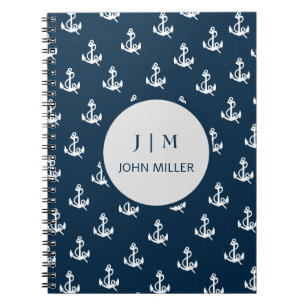 Cuaderno Monograma del patrón de ancla náutica azul de la m