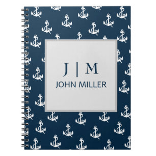Cuaderno Monograma del patrón de ancla náutica azul de la m