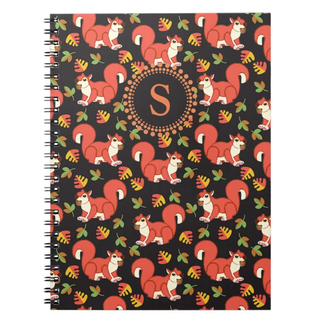 Cuaderno Monograma del patrón de ardilla y hojas de otoño (Frente)