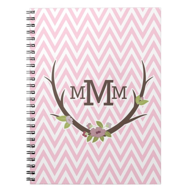 Cuaderno Monograma del patrón de cheurón rosa de rama flora (Frente)