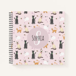 Cuaderno Monograma del patrón de gato rosado de la escuela 