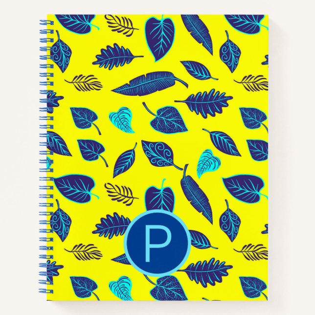 Cuaderno Monograma del patrón de hoja tropical amarillo bri (Anverso)